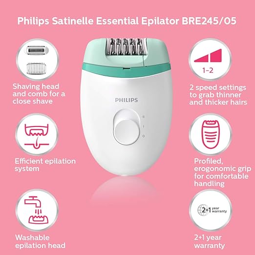 Philips BRE245/00 Corded Compact Epilator (2 in 1 - shaver and epilator) for gentle hair removal at home