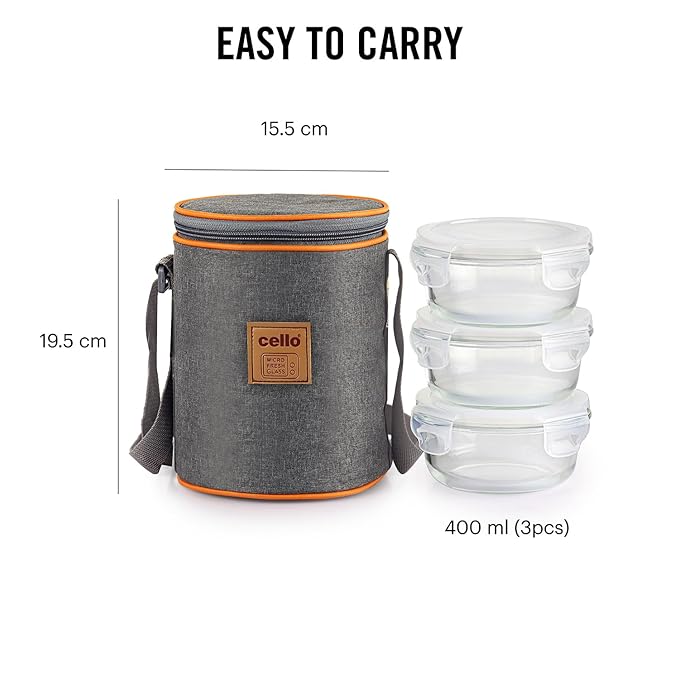 CELLO Royale Round Borosilicate Glass Lunch Box with Jacket, 400ml, Set of 3 | Safety Lock Airtight |Microwave Safe and Leak Proof | Ideal for College, Office