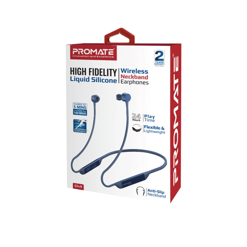 Promate Wireless Neckband Earphones, Hi-Fi Lightweight Wireless Bluetooth Earphones with Anti-Slip Liquid Silicone Neckband, Hall Switch Sensor, 24H Playtime and In-Line Controls, Civil Blue