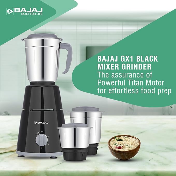 Bajaj GX-1 Mixer Grinder 500W | Superior Mixie For Kitchen | 2-in-1 for Dry Grinding| Blade Function With Titan Motor | 3 Stainless Steel Mixer Jars | 1 Year Product Warranty By Bajaj 【Black】