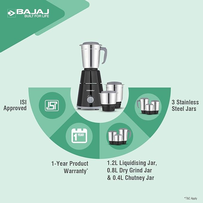 Bajaj GX-1 Mixer Grinder 500W | Superior Mixie For Kitchen | 2-in-1 for Dry Grinding| Blade Function With Titan Motor | 3 Stainless Steel Mixer Jars | 1 Year Product Warranty By Bajaj 【Black】