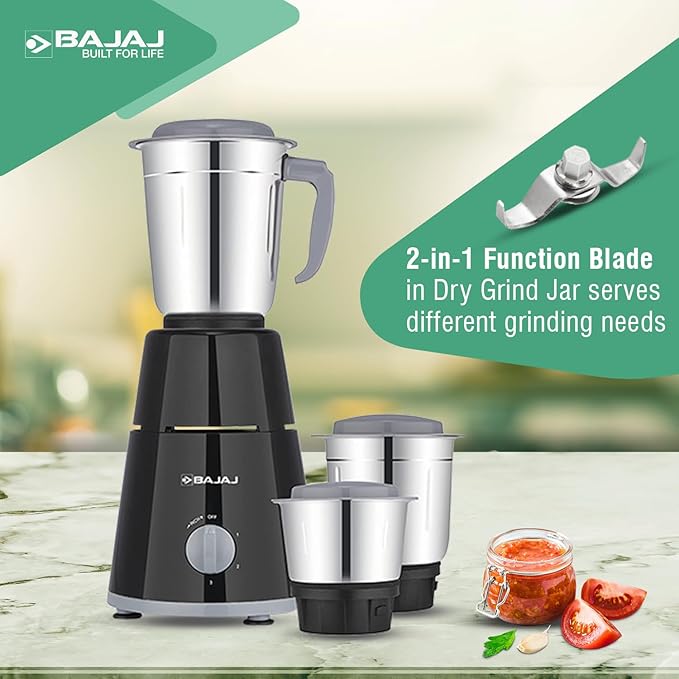 Bajaj GX-1 Mixer Grinder 500W | Superior Mixie For Kitchen | 2-in-1 for Dry Grinding| Blade Function With Titan Motor | 3 Stainless Steel Mixer Jars | 1 Year Product Warranty By Bajaj 【Black】