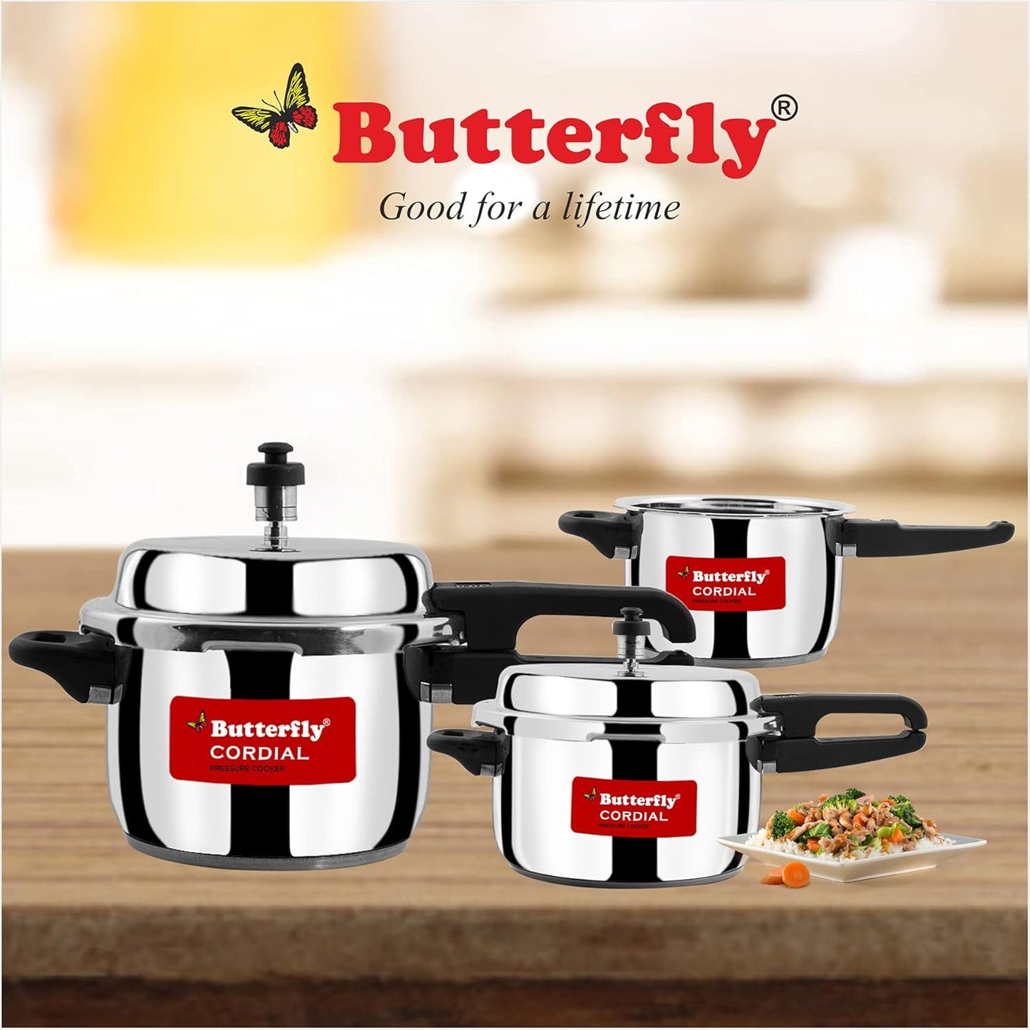 Butterfly Cordial 2, 3 & 5 Litres Outer Lid SS Pressure Cookers | Induction & Gas Stove Compatible | ISI Certified | 2 Years Manufacturer's Warranty | Stainless steel | Silver
