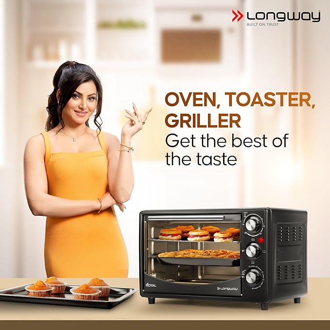 Longway Royal OTG 25 litre Oven Toaster Griller with Heating Modes | Temperature Timer Control for Baking Pizza, Cake, Grilling Chicken & Toasting Bread|1500 W | Black