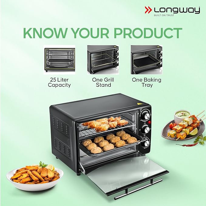 Longway Royal OTG 25 litre Oven Toaster Griller with Heating Modes | Temperature Timer Control for Baking Pizza, Cake, Grilling Chicken & Toasting Bread|1500 W | Black