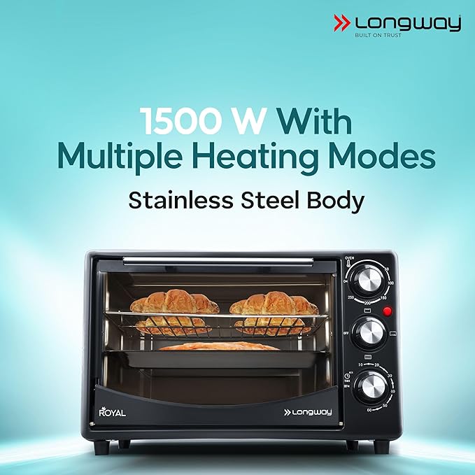 Longway Royal OTG 25 litre Oven Toaster Griller with Heating Modes | Temperature Timer Control for Baking Pizza, Cake, Grilling Chicken & Toasting Bread|1500 W | Black