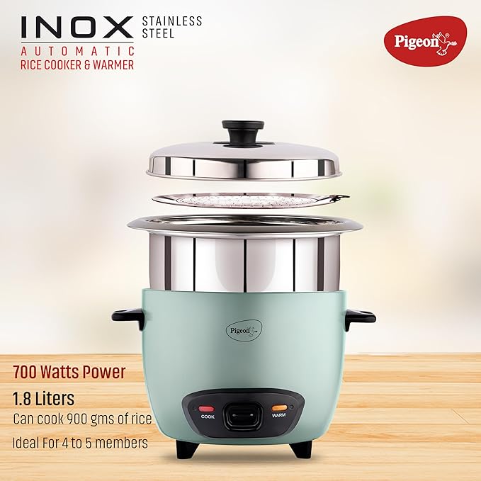 Pigeon Inox Rice Cooker with Double pot, 1.8 litres | Stainless Steel Lid | 700 Watts | 2 Steel Cooking Pot | Measuring Cup | Spatula | Energy Efficient Cooking