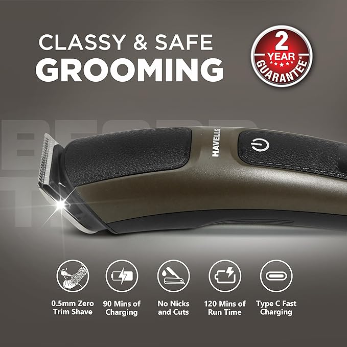 Havells Electric Beard Trimmer | Ipx7 Fully Washable | 120 Minutes Runtime | Upto 13Mm Length Settings | Cord & Cordless Use | 2 Years Guarantee | Brown | Bt5115 - Men