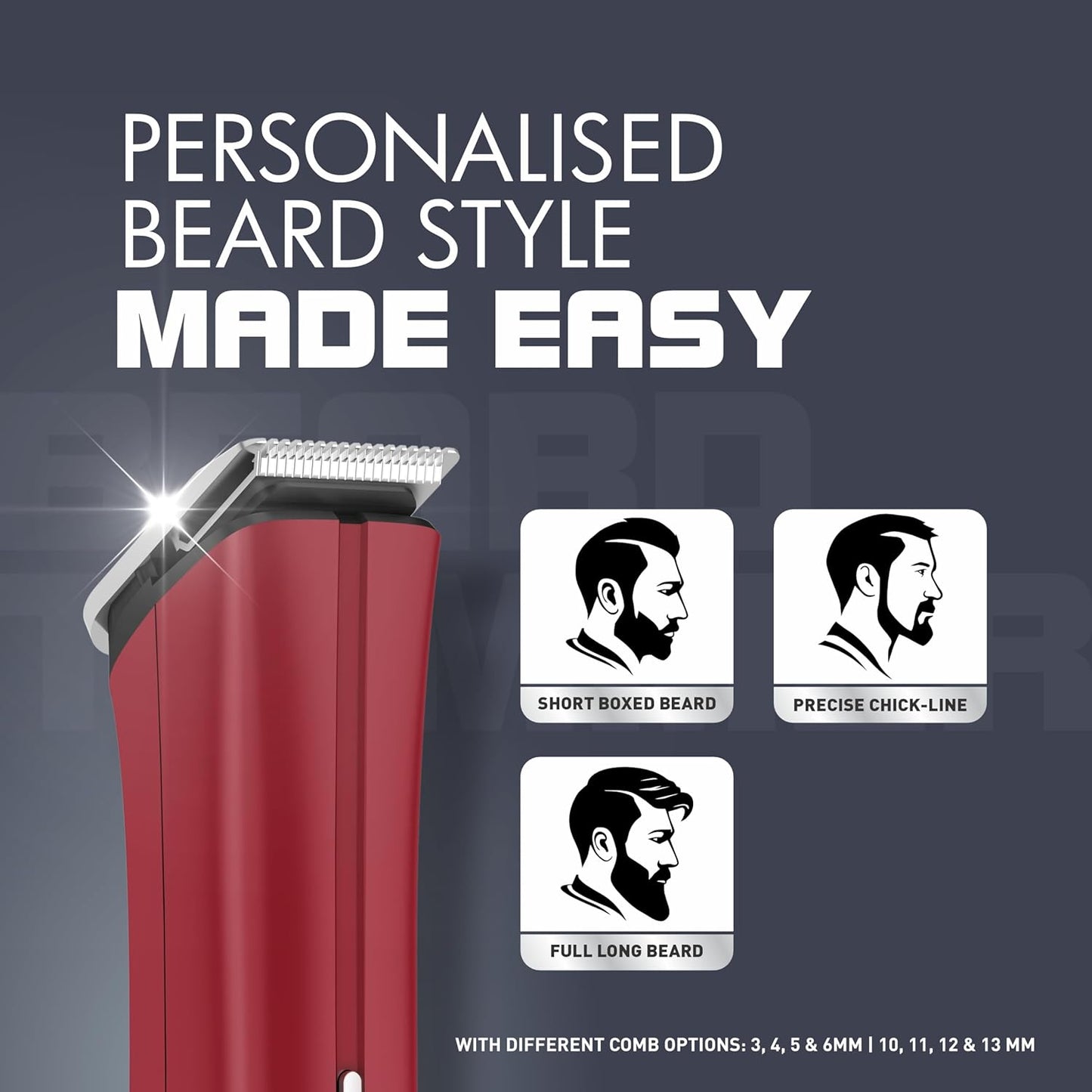 Havells Bt6111 Beard Trimmer, Skin Firendly Stainless Steel Blades 90 Mins Runtime Up To 13 Mm Length Settings 2 Years Guarantee (Red)-Battery Powered, Men