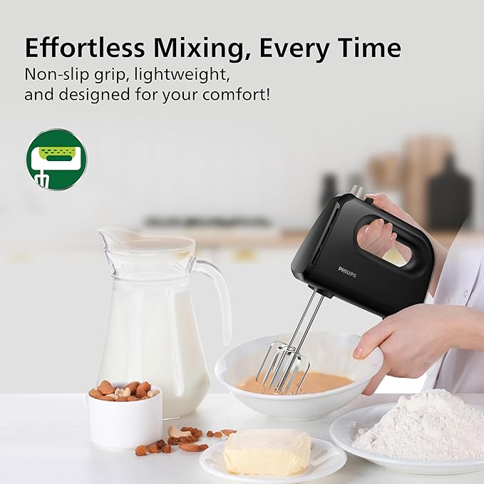 Philips HR3705/10 300 Watt Lightweight Hand Mixer, Blender with 5 speed control settings, stainless steel accessories and 2 years warranty(black color)