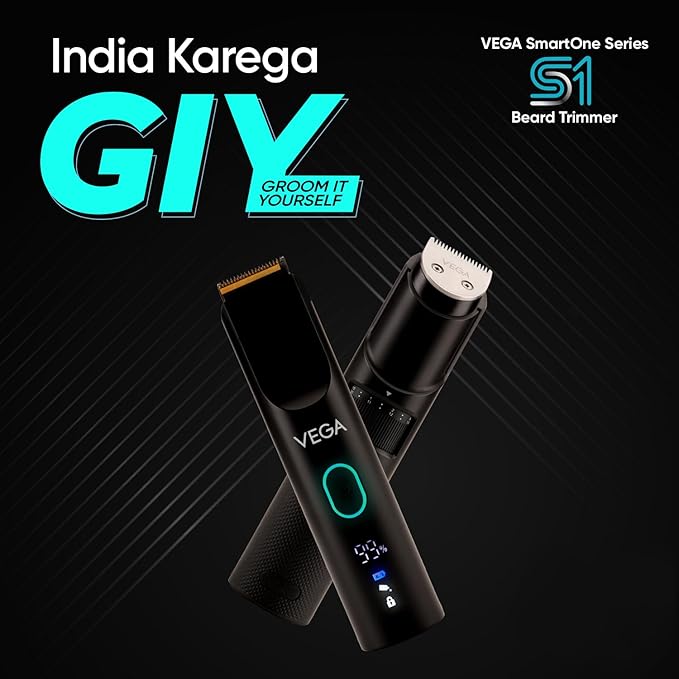 Vega SmartOne S1 Beard Trimmer for Men with Titanium Blade, Digital Display, 120 mins Runtime, IPX7 Waterproof & 40 Length Settings, 3 Unique Speed Mode Black (VHTH-30)