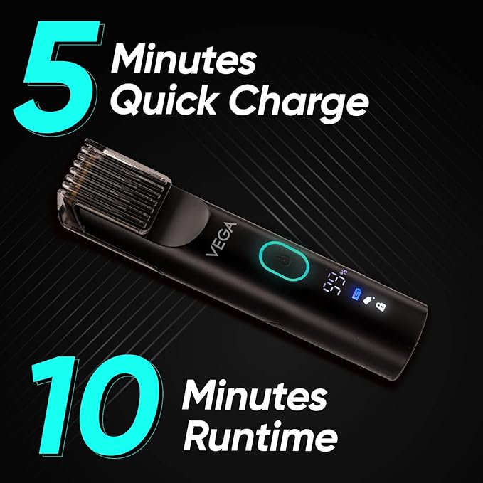 Vega SmartOne S1 Beard Trimmer for Men with Titanium Blade, Digital Display, 120 mins Runtime, IPX7 Waterproof & 40 Length Settings, 3 Unique Speed Mode Black (VHTH-30)