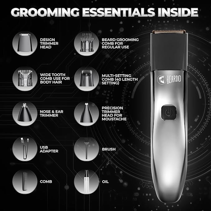 Beardo Chrome Beast Multipurpose Full Body Groomer Trimmer Set For Men | 40 Length Settings | 8 attachments | Beard/Hair/Body/Precision/Ear/Nose Trimmer|With Dock|90 min. run time | All-in-1 trimmer | Gift For Brother | Gift For Friends