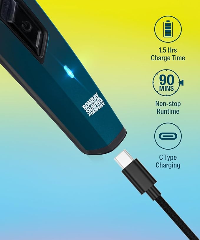 Bombay Shaving Company Power Play NXT Trimmer, 9 Weeks of trimming, 90 mins run time with Type C, 6 comb attachments, Self sharpening blades | Trimmer for Men