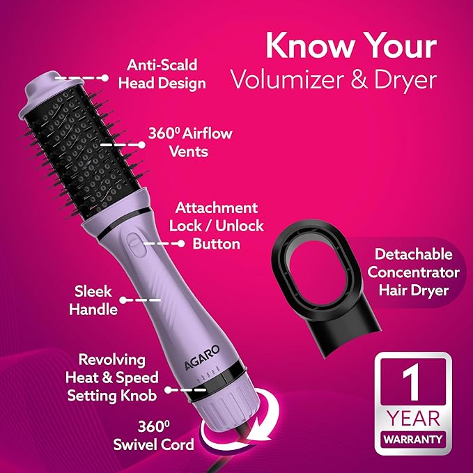 AGARO HV2179 Lite 2 in 1 Hair Volumizer Brush,Hair Dryer for Women,1200 Watts,Ceramic Coated Surface, 360° Air Flow Vents,Hot Air Blow Brush,All-in-one Hair Dryer Straightener Combo(Black & Purple)