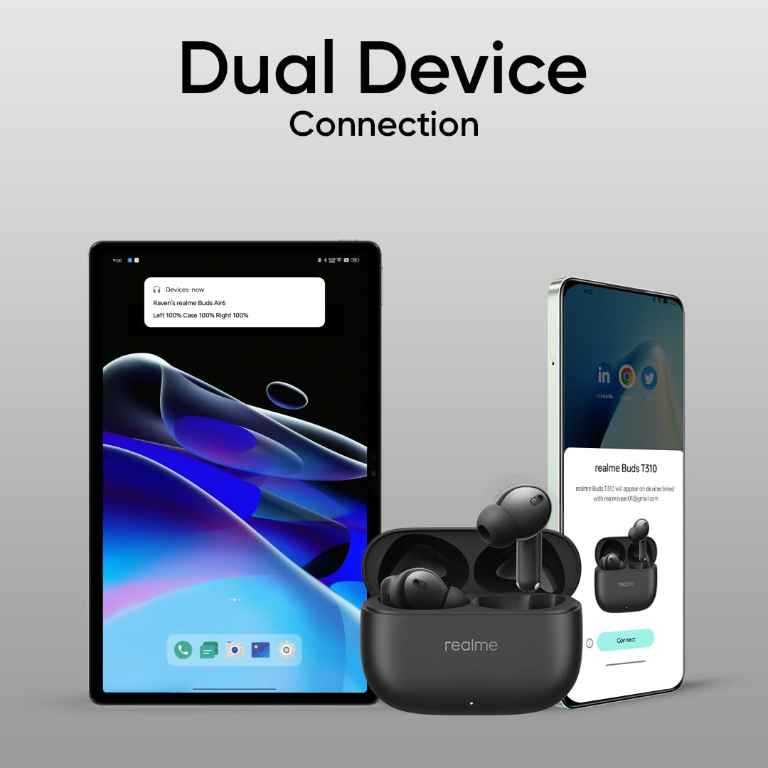 realme Buds T310 True Wireless in-Ear Earbuds with 46dB Hybrid ANC, 360° Spatial Audio, 12.4mm Dynamic Bass Driver, Upto 40Hrs Battery and Fast Charging (Vibrant Black)