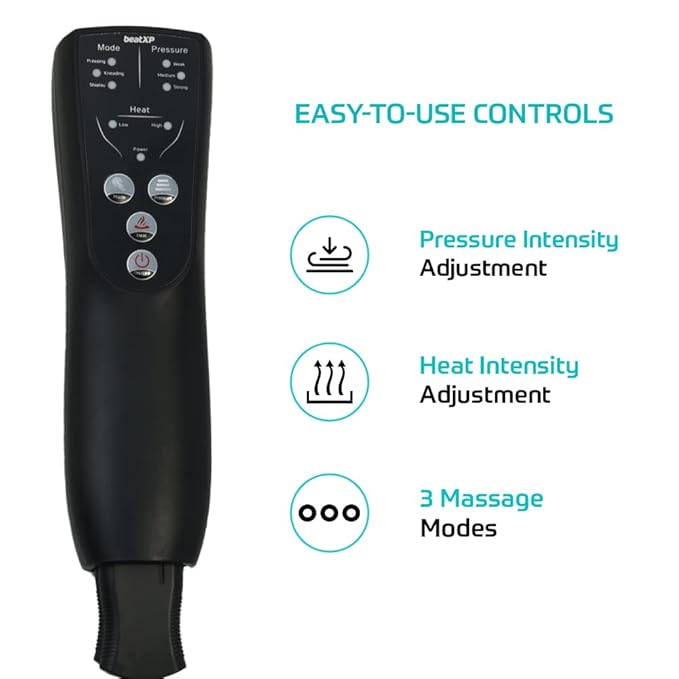 beatXP AirStream Pro Air Compression Full Leg Massager with Handheld Remote| Calf, Foot, Thigh Blood Circulation with Heat Therapy for Swelling and Edema Pain Relief, Corded Electric, Black