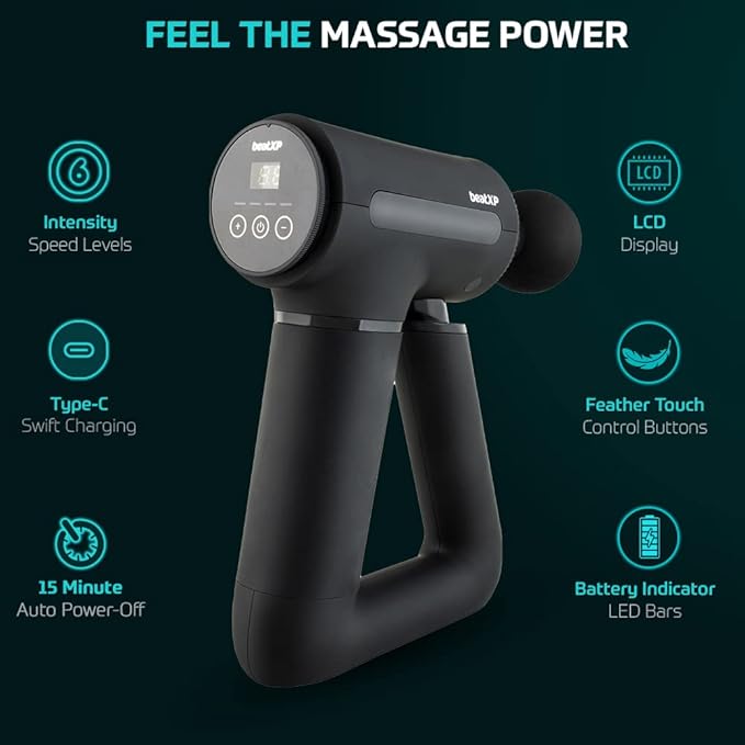 beatXP Bolt Elite Deep Tissue Massage Gun for Full Body Pain Relief of Neck, Back, Leg Massager for Athletes, QuietWave Technology 1 Year Warranty,Battery Powered, Black