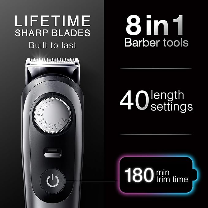 Braun All-in-One Trimmer for Men BT9520, Cordless with 180-Min Runtime, Lifetime Sharp Metal Blades, Waterproof, Precision Comb, 50+ Length Settings, Premium Case, 8-in-1