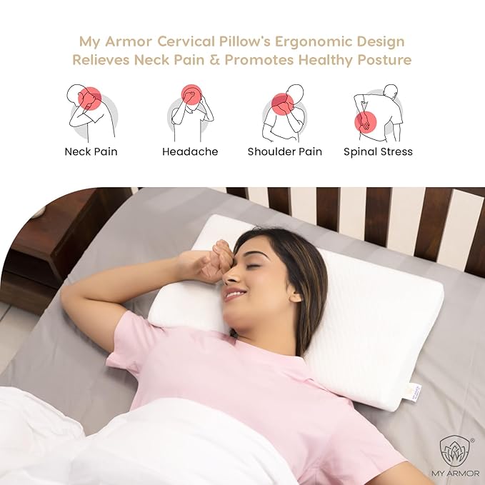 MY ARMOR Cervical Pillow for Neck Pain and Shoulder Pain for Sleeping | 2 Years Warranty | Memory Foam Pillow with Dual - Pack of 1 - White