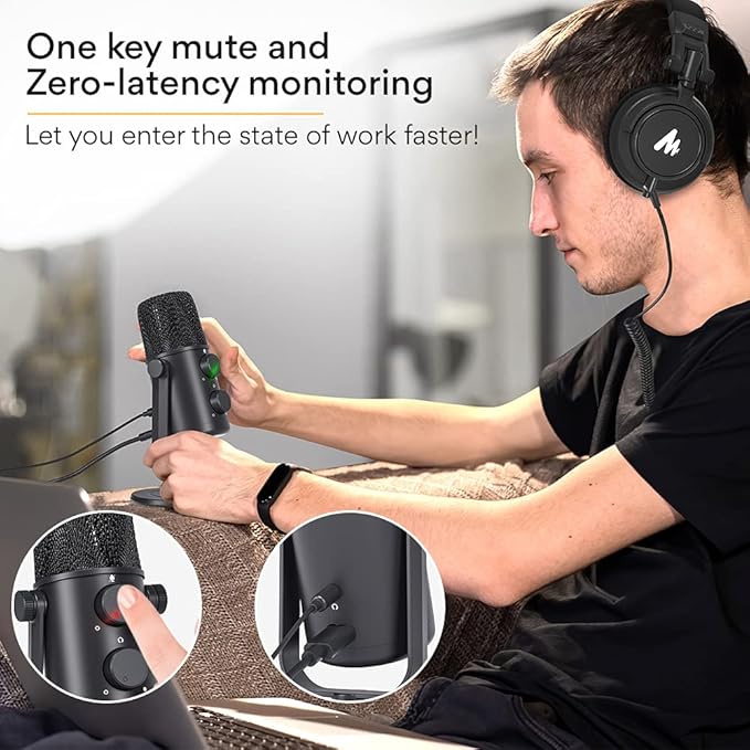 MAONO AU-902 USB Condenser Podcast Unidirectional Microphone, with Dual Volume Control, Mute Button, Monitor Headphone Jack, Plug and Play Mic for Vlogging, Gaming, Studio Recording, YouTube (Black)