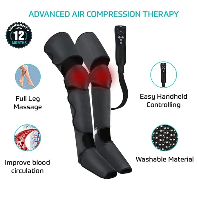 beatXP AirStream Pro Air Compression Full Leg Massager with Handheld Remote| Calf, Foot, Thigh Blood Circulation with Heat Therapy for Swelling and Edema Pain Relief, Corded Electric, Black