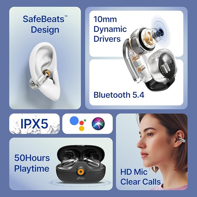 pTron Bassbuds Vortex Clips Wireless Open Ear Earbuds w/Chrome Finish, SafeBeats Tech, 50Hrs Playtime, Dual HD Mic w/AI-ENC, 10mm Driver, Pristine Sound, BTv5.4 Earclips, IPX5,Type C Charging(Black)