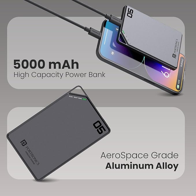 Portronics Boosty 5k 5000mAh 15W Wireless Magnetic Fast Charging Nano Powerbank, Metallic Finish, 20W Type C PD Output, Light Weight, Compatible with iPhone 12 Above, Other Qi Enabled Devices