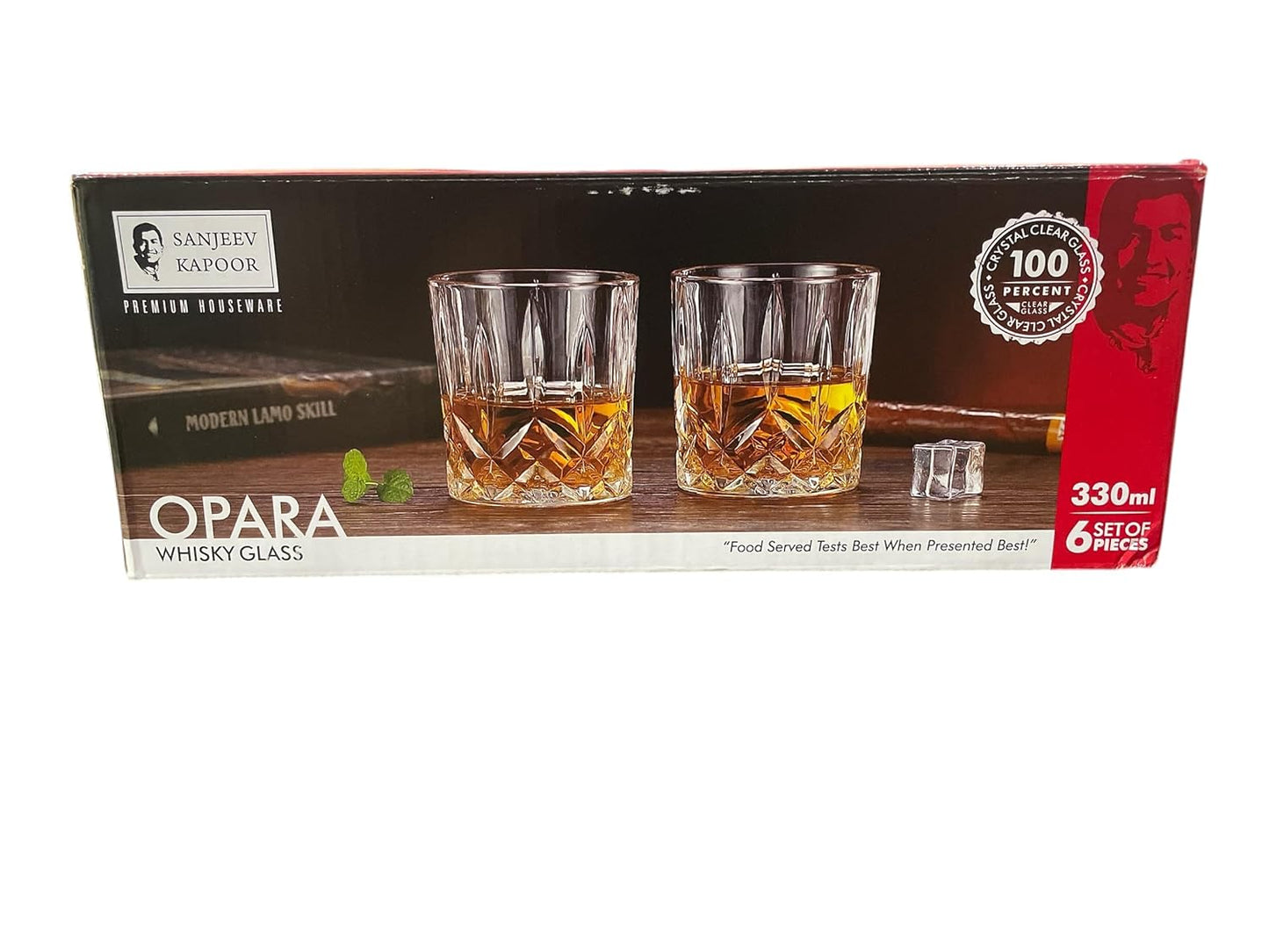 Sanjeev Kapoor OPARA Whisky Glass Set of 6 Psc, 330 ml, Bar Glass for Drinking Bourbon, Whisky, Scotch, Cocktails, Cognac- Old Fashioned Cocktail Tumblers, Perfect for Home, Restaurants & Parties.