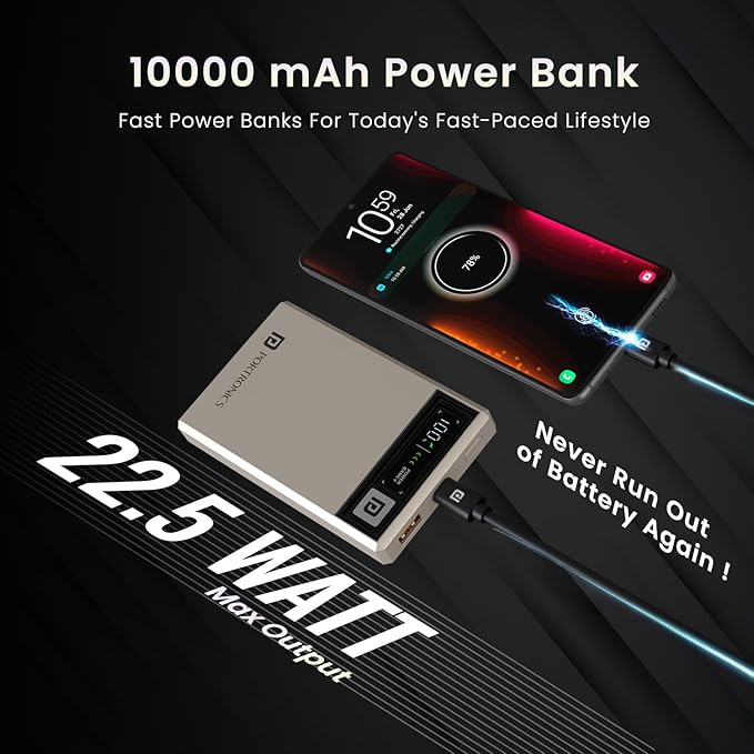 Portronics Luxcell MagClick 10k 10000 mAh 15W Magnetic Wireless Fast Charging Nano Power Bank Premium Finish, 22.5 Wired Output Compatible with iPhone 12 & Above,Type C Smartphones,Tablets(Beige)