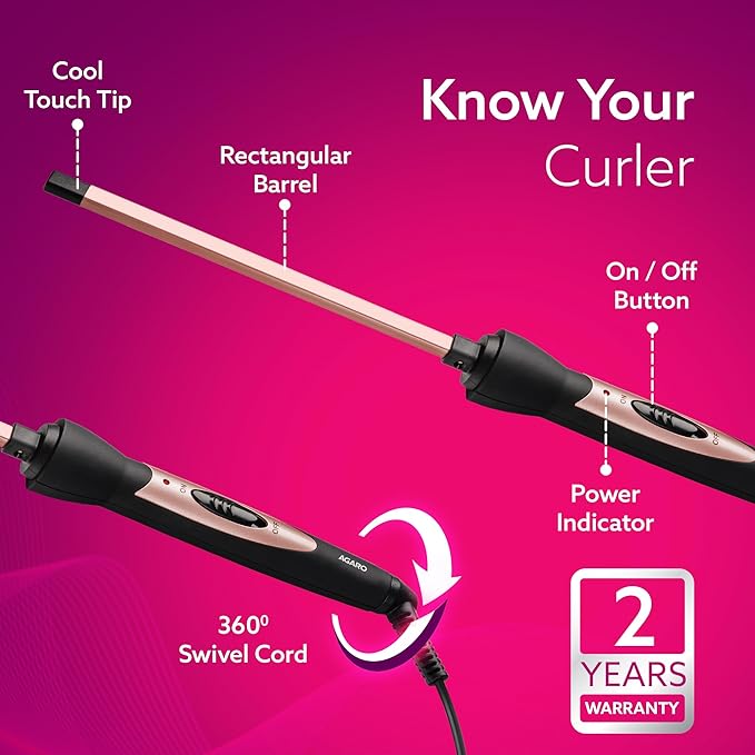 AGARO HC9007 Hair Curler With 7 MM Barrel, Rod, Tong, Chopstick Rectangular Hair Curler, Ceramic Coated Plates, Cool Touch Tip, Fast Heating, For Men Women, Maggie Curl, Styling, Rose Gold & Black