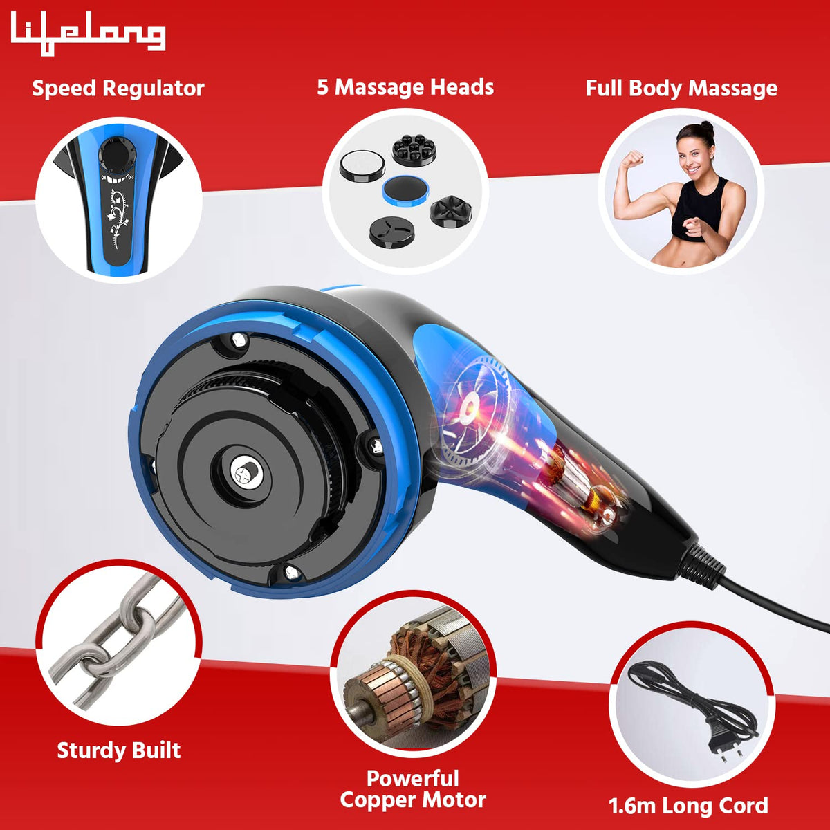 Lifelong Powerful Handheld Corded Electric Massager for Pain Relief | Body Massager (LLM576, Black, 1 Year Warranty)