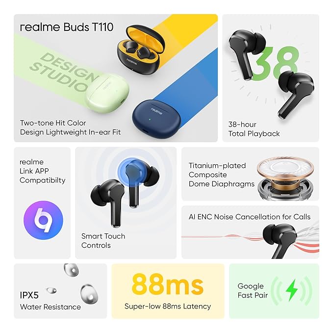Realme Earbuds T110 with Ai Enc for Calls, Upto 38 Hours of Playback and Fast Charging Bluetooth in Ear Headset (Punk Black, True Wireless)