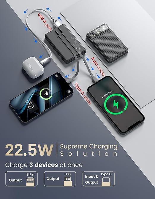 Portronics Luxcell Bind Mini 10k 10000mAh Nano Powerbank with 22.5W Fast Charging, in-Built Type C PD(Input & Output) /8 Pin Cable, LED Indicator, USB-A Mach Output, Compatible with Smartphones