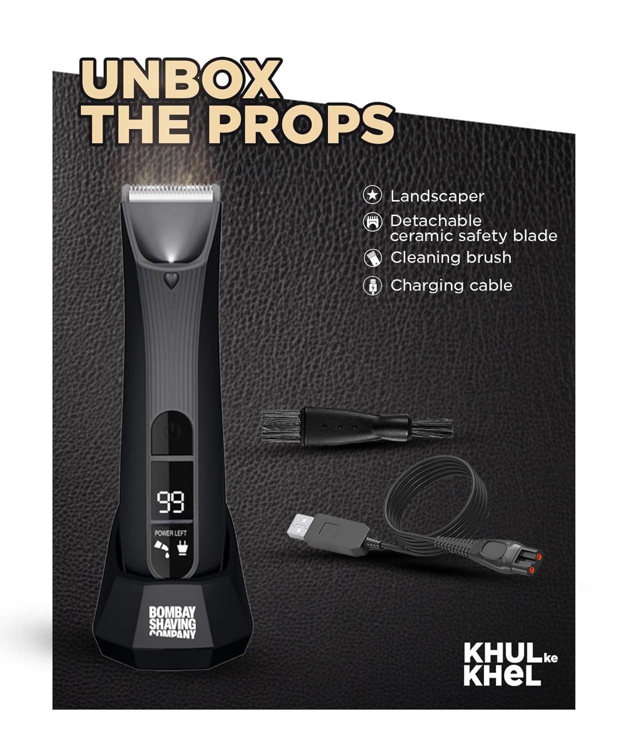 Bombay Shaving Company Balls Trimmer | Pubic Hair Trimmer and Body Groomer for Men | Private Part Trimmer For Men, Waterproof (IPX7), Cordless, LED Display, LED Torch, Safe Ceramic Blades, Dock Charging | LANDSCAPER 2.0 (Black)
