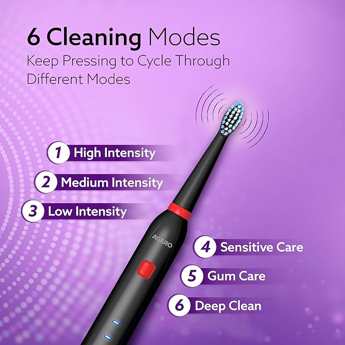 AGARO COSMIC Lite Sonic Electric Toothbrush for Adults with 6 Modes, 3 Brush Heads, 1 Interdental Head and Rechargeable with 3.5 Hours Charge Lasting up to 25 Days, Power Toothbrush, Black