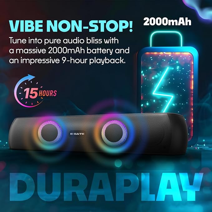 E GATE C210 | 20W Bluetooth Speaker Soundbar, Dual Drivers + Dual Passive Radiator for Extra bass, RGB Light, Upto 15 Hrs Backup from 2000mah Battery, Call Function, TWS, Aux, USB, FM