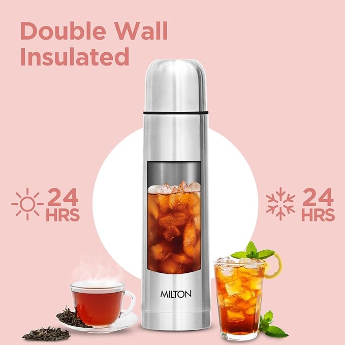 Milton Flip Lid 1000 Thermosteel Water Bottle 1 LTR, 24 Hr Hot and Cold I Leak Proof Lid, ISI Certified I Vacuum Insulated I for Office, Gym, School I Silver