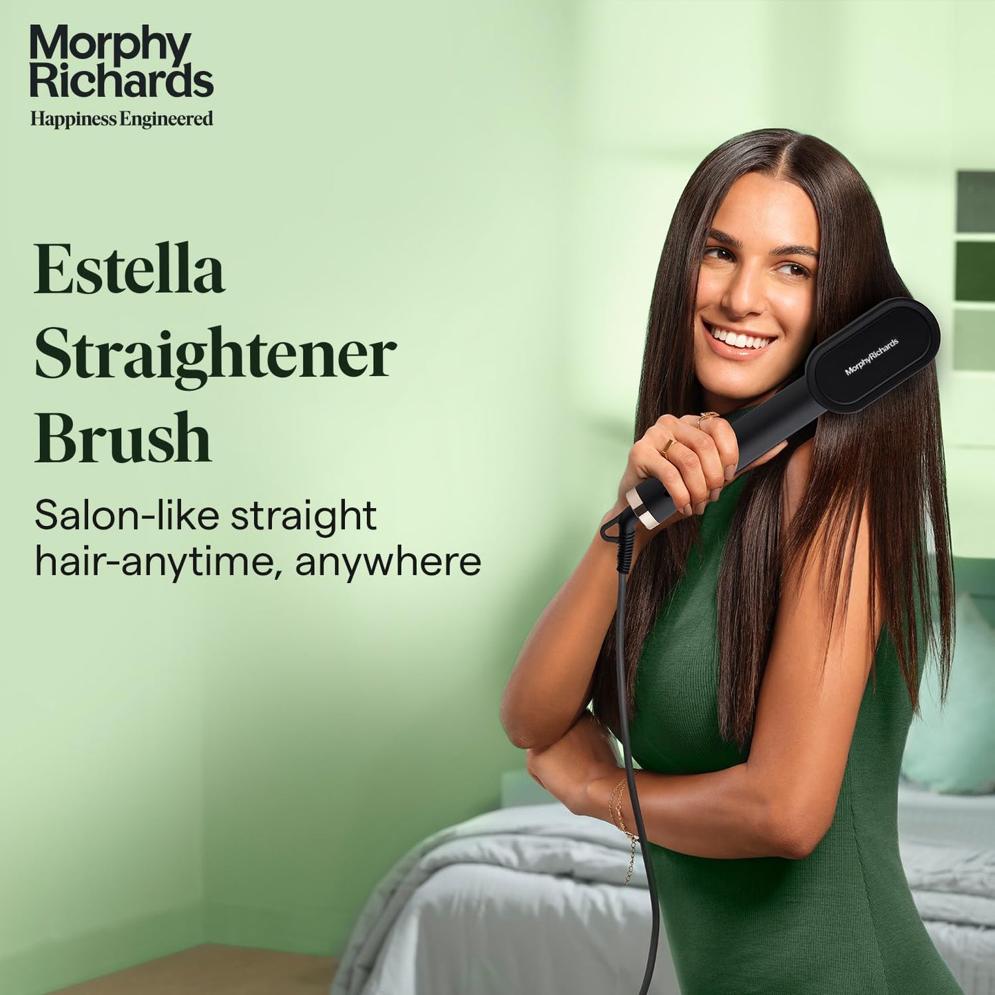 Morphy Richards Estella Hair Straightener Brush | Compact & Travel Friendly | 360 Degree Swivel Cord | 5 Temperature Settings | Hair Straightener Brush for Women,Black, 340058