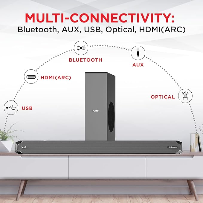 Boat Aavante Bar 1200D Soundbar with Dolby Audio, 100W RMS Boat Signature Sound, 2.1 Channel with Wired Subwoofer, Entertainment EQs, Multi-Connectivity & Master Remote Control(Black)