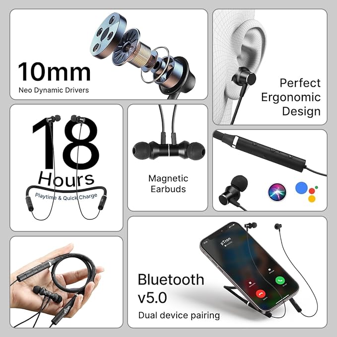 pTron Tangentbeat in Ear Bluetooth 5.0 Wireless Headphones with Mic, Deep Bass, 10mm Drivers, Clear Calls, Dual Pairing, Fast Charging, Magnetic Buds, Voice Assistant & IPX4 Wireless Neckband ( Black )