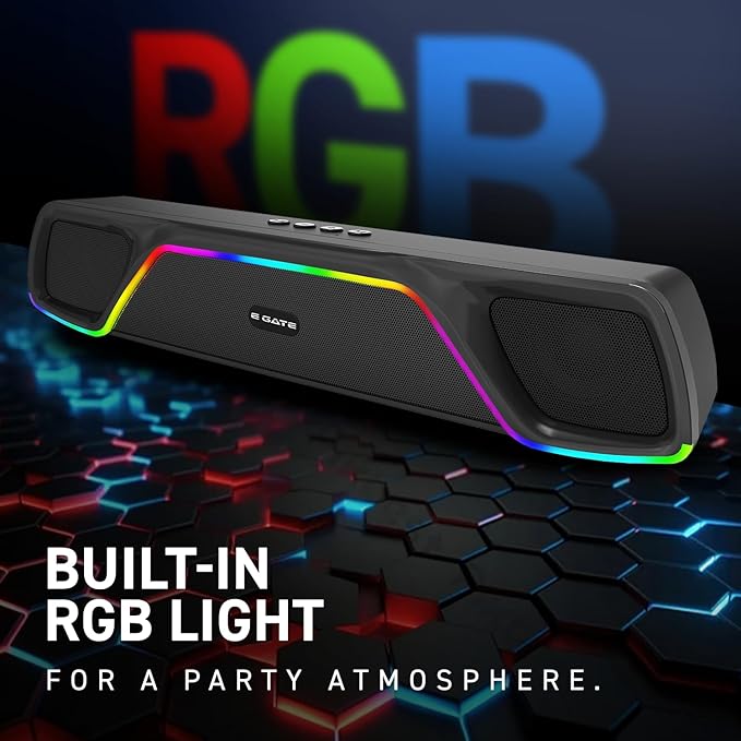 E GATE C207 |18Watt Bluetooth Soundbar, 52mm Driver, 2.0 Channel, Ambient RGB Light, Upto 18 Hrs* Backup from 2000 mAH Battery, Hands Free Call, TWS, AUX, USB, mSD, FM, BT 5.4v - eGate Sound bar
