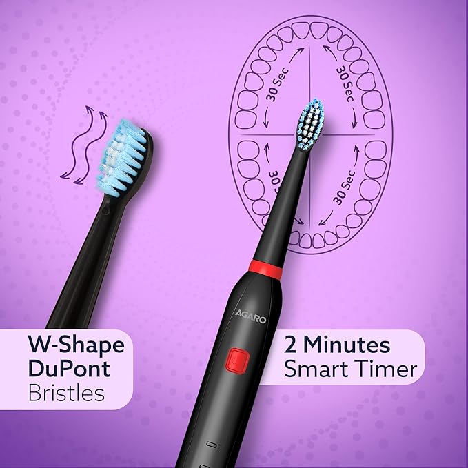 AGARO COSMIC Lite Sonic Electric Toothbrush for Adults with 6 Modes, 3 Brush Heads, 1 Interdental Head and Rechargeable with 3.5 Hours Charge Lasting up to 25 Days, Power Toothbrush, Black