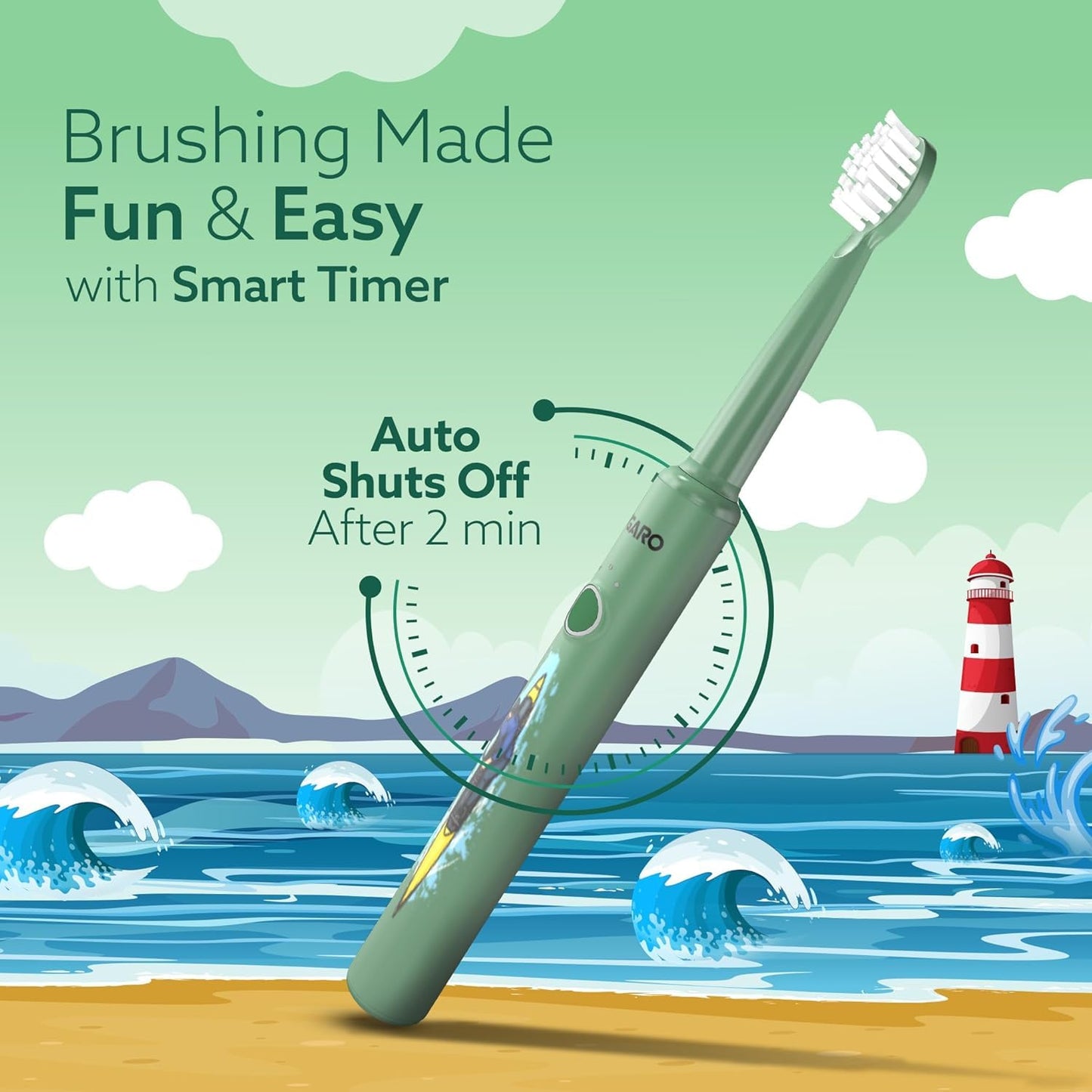 AGARO REX Lite Sonic Electric Kids Toothbrush with 3 Brushing Modes, 19000 Strokes per minute, Dupont Soft Nylon Bristles, Rechargeable Battery, Power Tooth Brush, Repleacble Heads