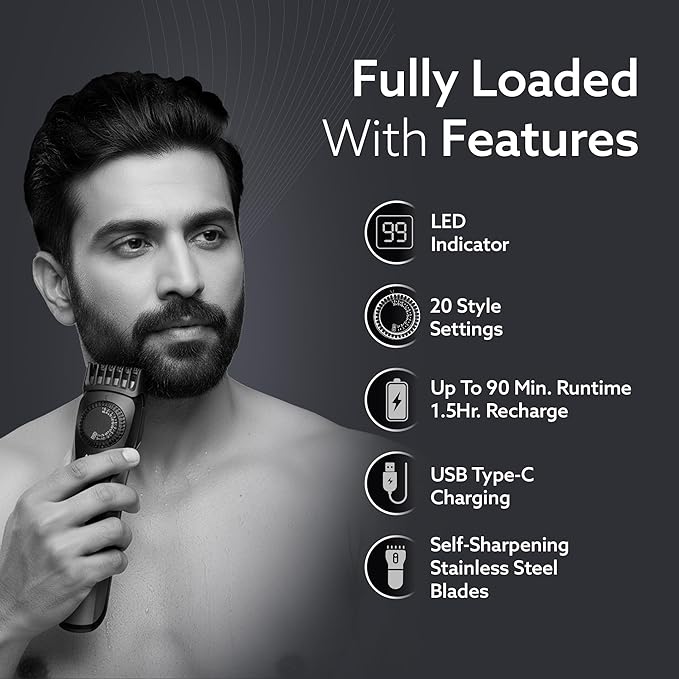 AGARO Beard Trimmer, Cordless Electric Beard Trimmer with Precision Dial, USB Rechargeable, 20 Length Settings Mustache Trimmer for Mens Gifts MT2525