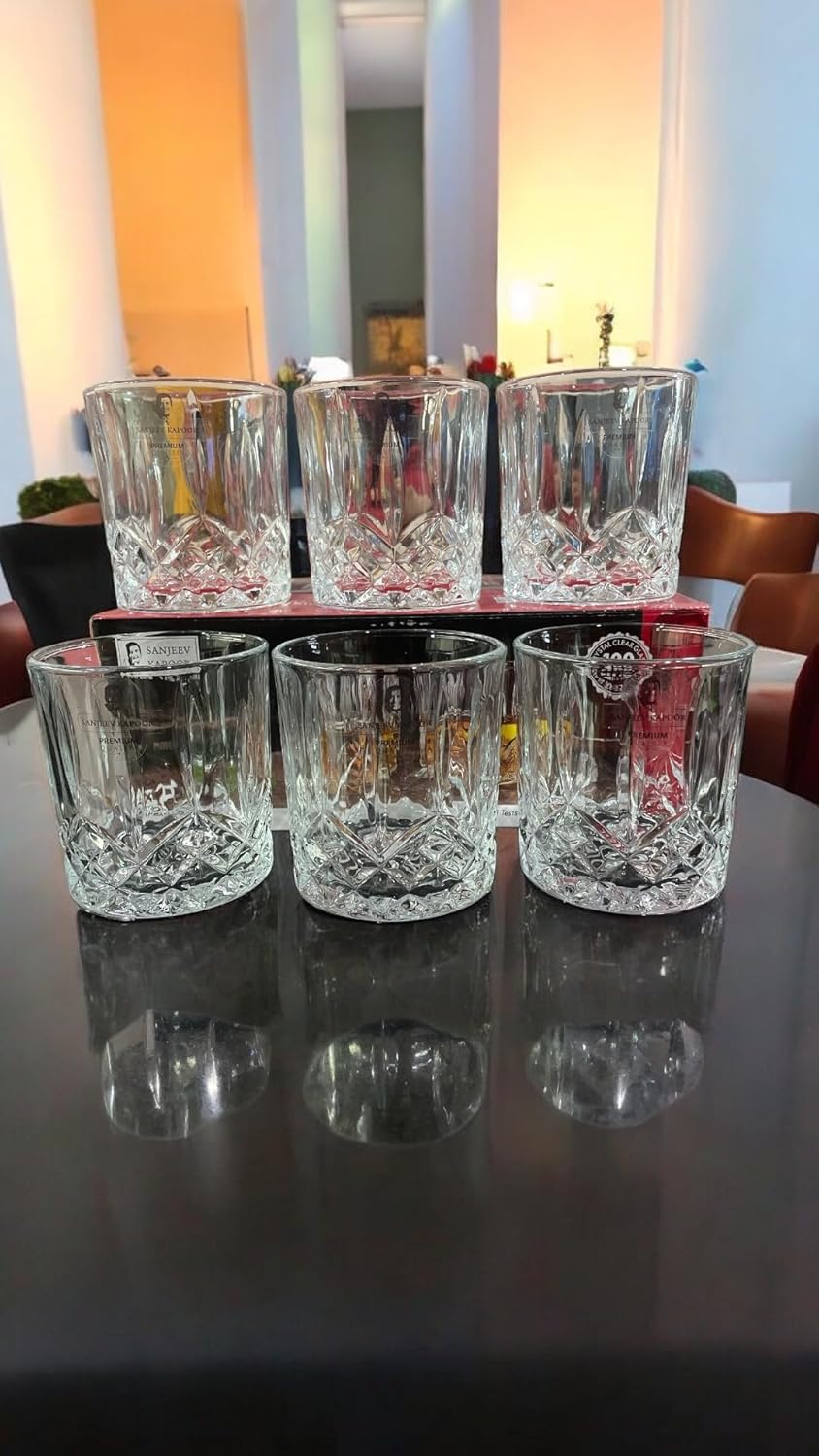 Sanjeev Kapoor OPARA Whisky Glass Set of 6 Psc, 330 ml, Bar Glass for Drinking Bourbon, Whisky, Scotch, Cocktails, Cognac- Old Fashioned Cocktail Tumblers, Perfect for Home, Restaurants & Parties.