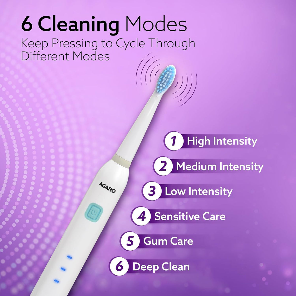 AGARO COSMIC Lite Sonic Electric Toothbrush for Adults with 6 Modes, 3 Brush Heads, 1 Interdental Head and Rechargeable with 3.5 Hours Charge Lasting up to 25 Days, Power Toothbrush