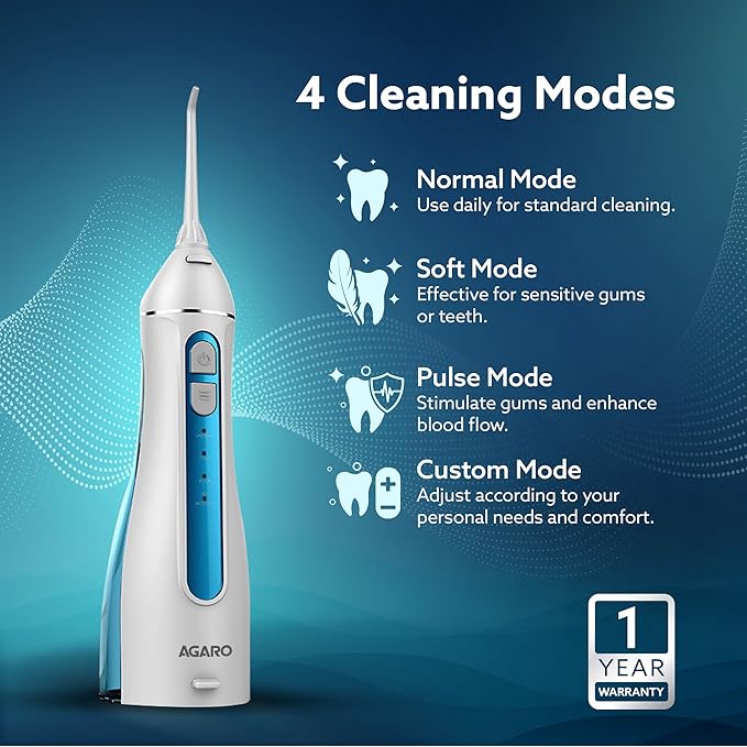 AGARO Oral Irrigator, Portable, Cordless & Rechargeable, 4 Cleaning Modes, IPX7 Waterproof with 200ml Water Tank, Flossing at Home & Travel, Oral Flosser, Dental Flosser for teeth