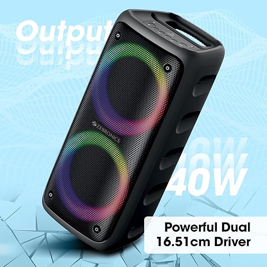 Zebronics Barrel 200 Bluetooth 5.0 Portable Speaker with 40W RMS, TWS, Wired Mic, Karaoke, RGB Lights, Mobile Holder, Dual 6.5" Drivers, Carry Handle and Built-in Rechargeable Battery