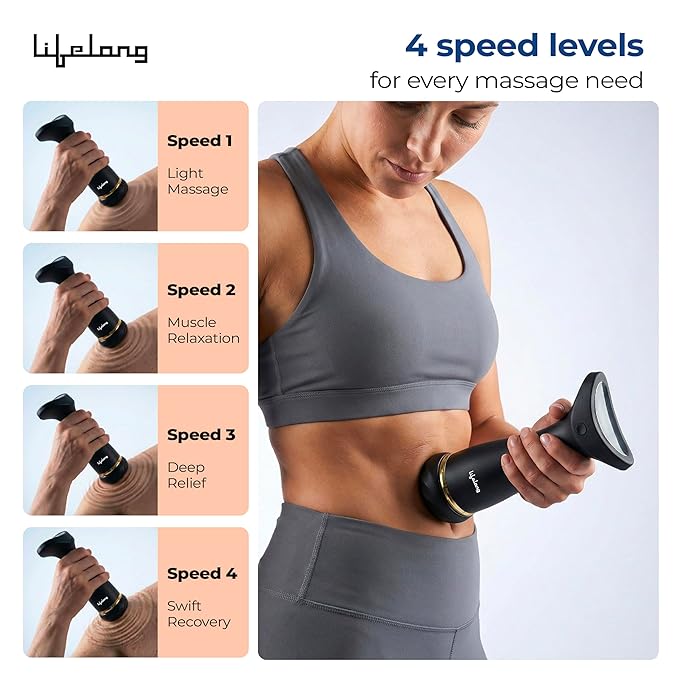 Lifelong Flathead Massager | Rechargeable Body Massager for Pain Relief | 4 Heads for Targeted Therapy | 4 Speed Levels | Heat Therapy | Full Body Electric Percussion Massager for Adults | Black